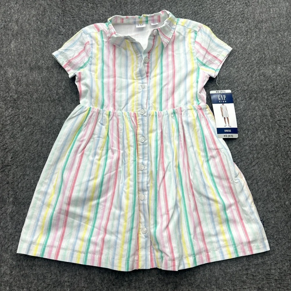 GAP‎ Kids Girls Dress XS 4/5 Cotton Short Sleeved Striped Button Pastel Easter